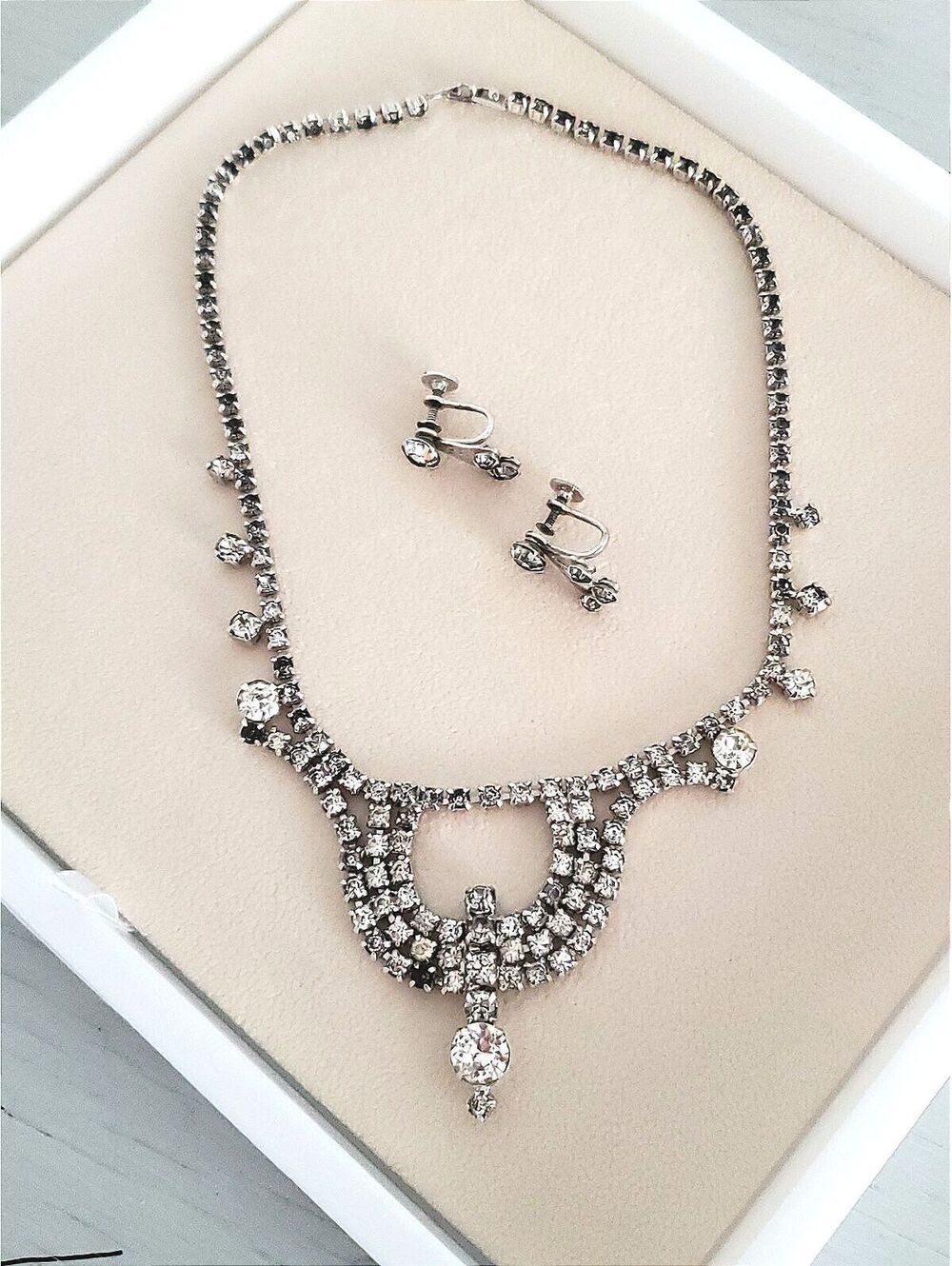 Vintage BN Silver-Tone Rhinestone Necklace & Earrings